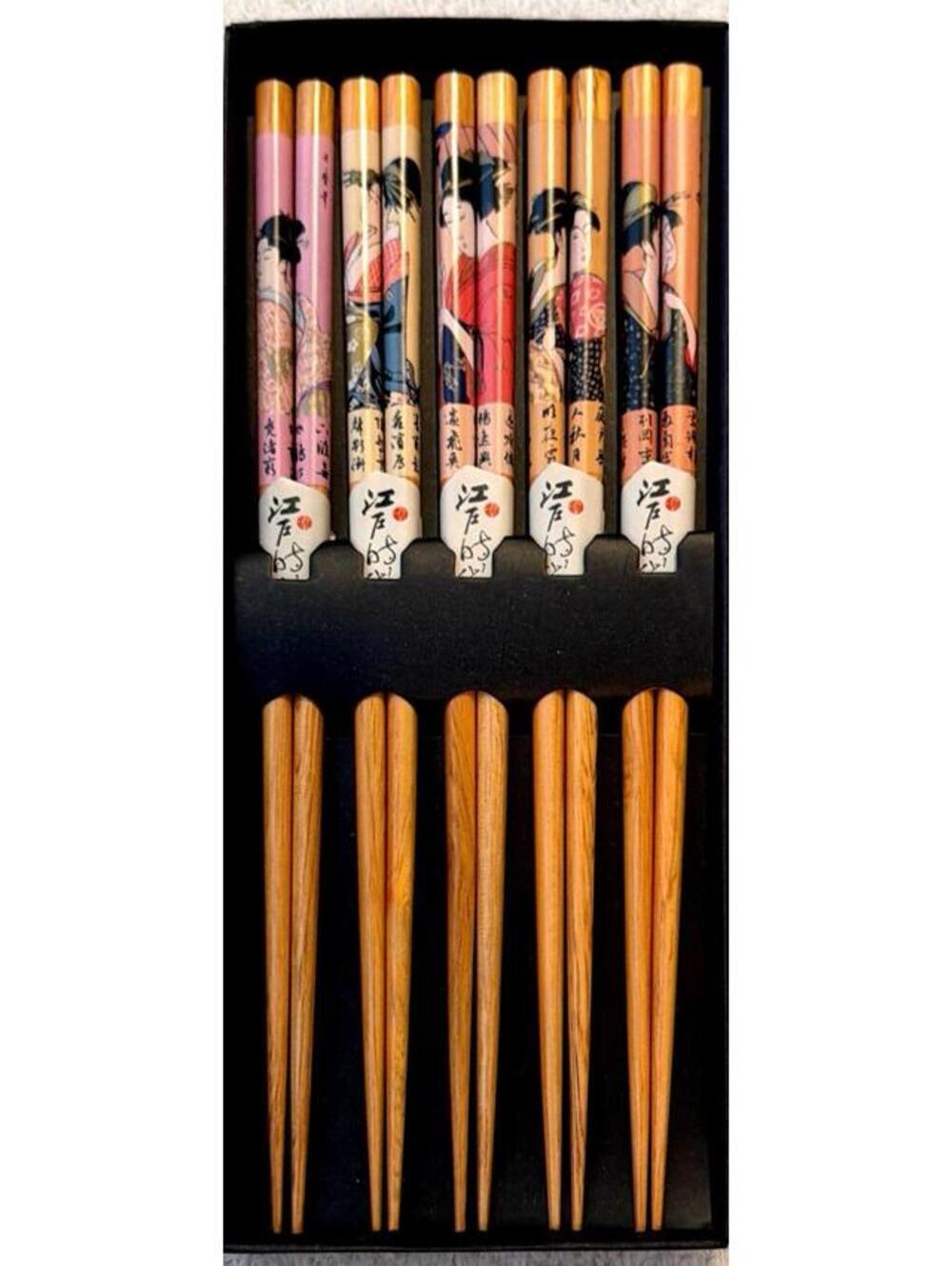Japanese Ukiyo-e Wooden Chopsticks Set 5 Pairs Decorative Geisha Design.Gift Box